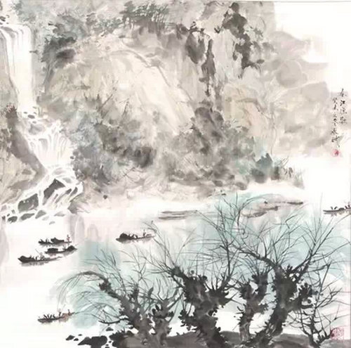 【王永斌国画】斗方《春江渔歌》【保真】家居山水风景画